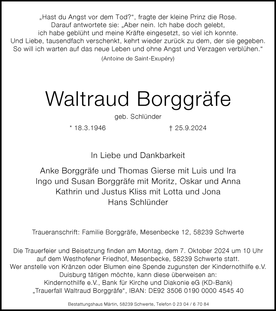  Traueranzeige für Waltraud Borggräfe vom 28.09.2024 aus Ruhr Nachrichten