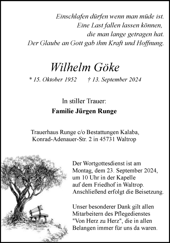 Traueranzeige von Wilhelm Göke von Trauer Vest