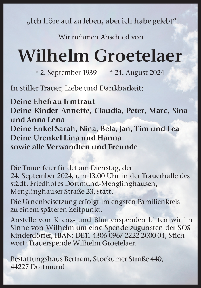  Traueranzeige für Wilhelm Groetelaer vom 14.09.2024 aus Ruhr Nachrichten