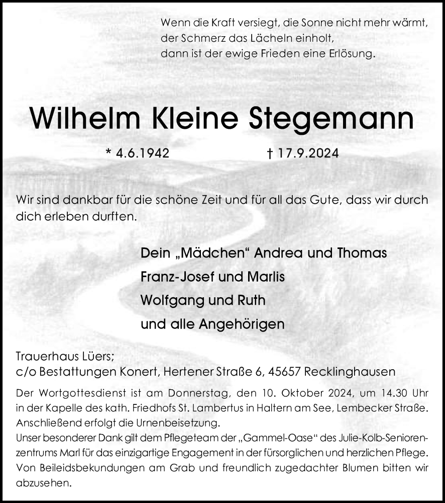  Traueranzeige für Wilhelm Kleine Stegemann vom 25.09.2024 aus Trauer Vest