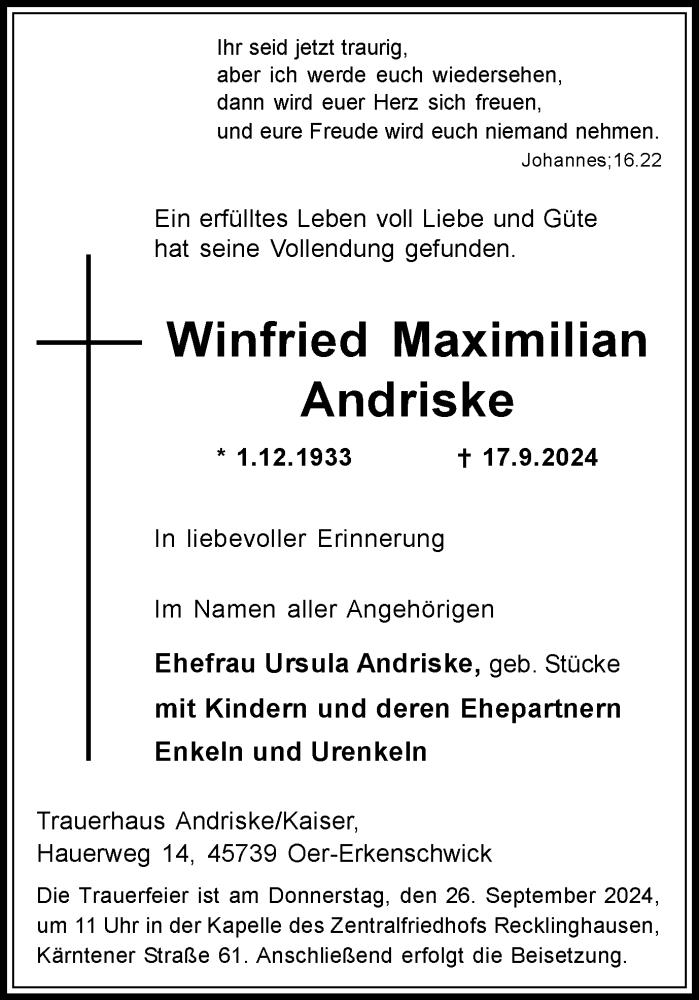  Traueranzeige für Winfried Maximilian Andriske vom 21.09.2024 aus Trauer Vest