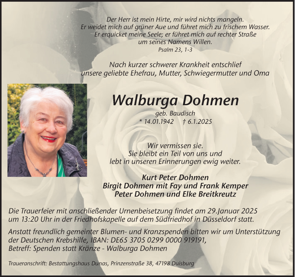  Traueranzeige für Walburga Dohmen  vom 25.01.2025 aus Ruhr Nachrichten