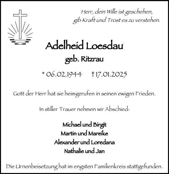 Traueranzeige von Adelheid Loesdau von Stadtanzeiger Castrop-Rauxel