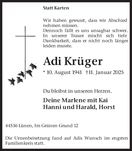Traueranzeige von Adi Krüger von Lüner Anzeiger
