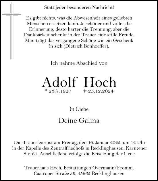 Traueranzeige von Adolf Hoch von Trauer Vest