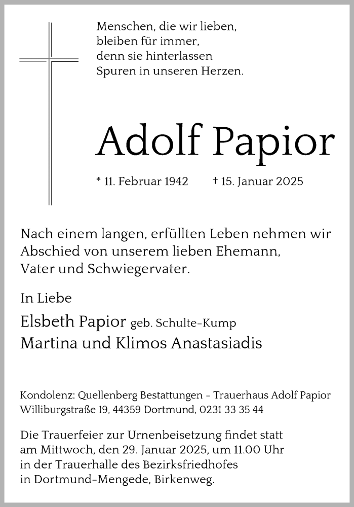  Traueranzeige für Adolf Papior vom 25.01.2025 aus Ruhr Nachrichten