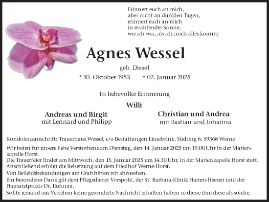 Traueranzeige von Agnes Wessel von Ruhr Nachrichten