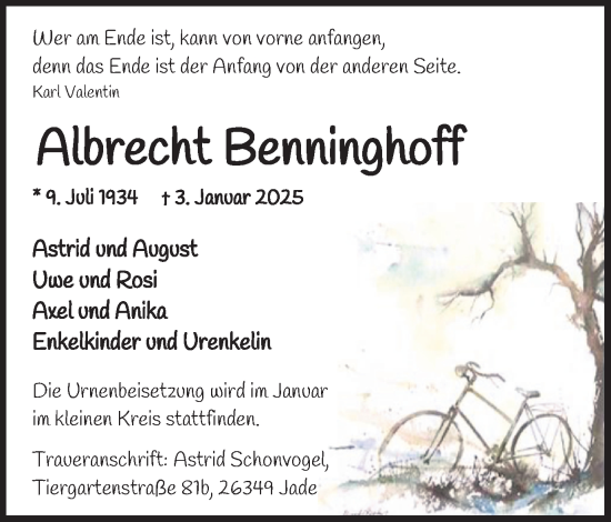 Traueranzeige von Albrecht Benninghoff von Ruhr Nachrichten und Dorstener Zeitung
