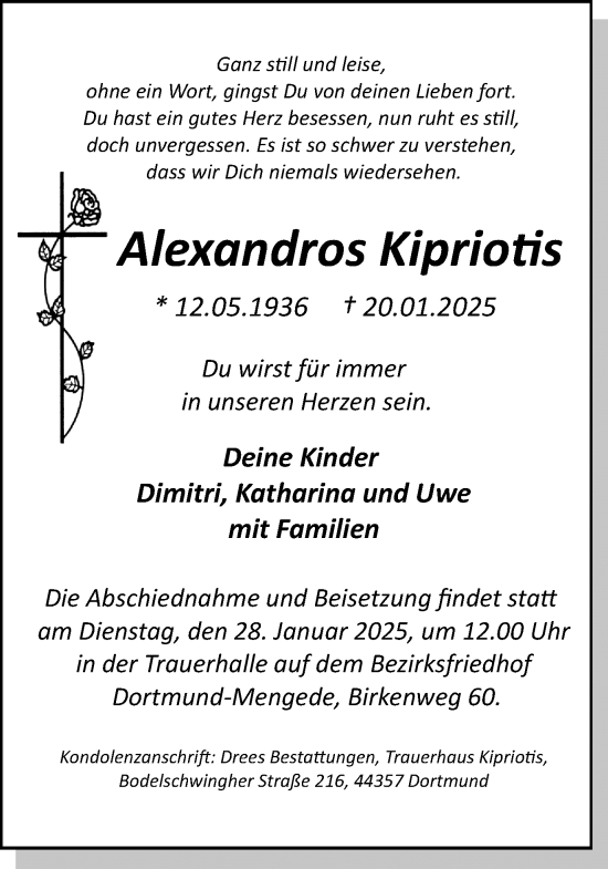 Traueranzeige von Alexandros Kipriotis von Ruhr Nachrichten
