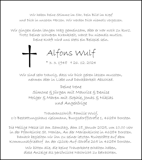 Traueranzeige von Alfons Wulf von Ruhr Nachrichten und Dorstener Zeitung