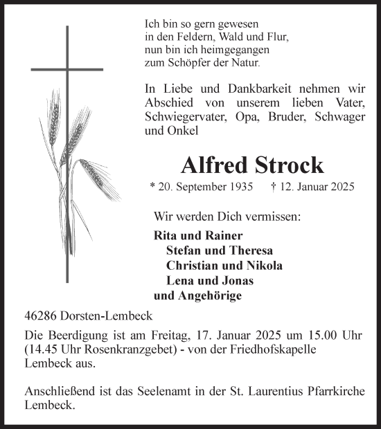 Traueranzeige von Alfred Strock von Ruhr Nachrichten und Dorstener Zeitung