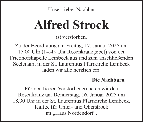 Traueranzeige von Alfred Strock von Ruhr Nachrichten und Dorstener Zeitung