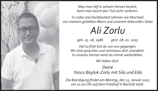 Traueranzeige von Ali Zorlu 