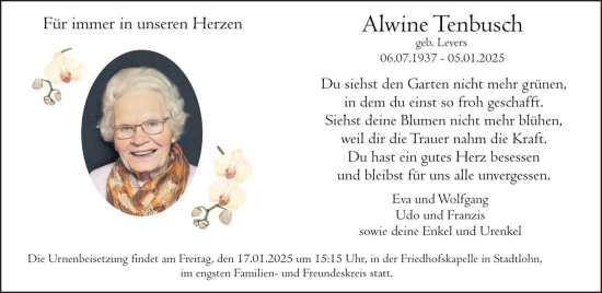 Traueranzeige von Alwine Tenbusch von Münsterland Zeitung