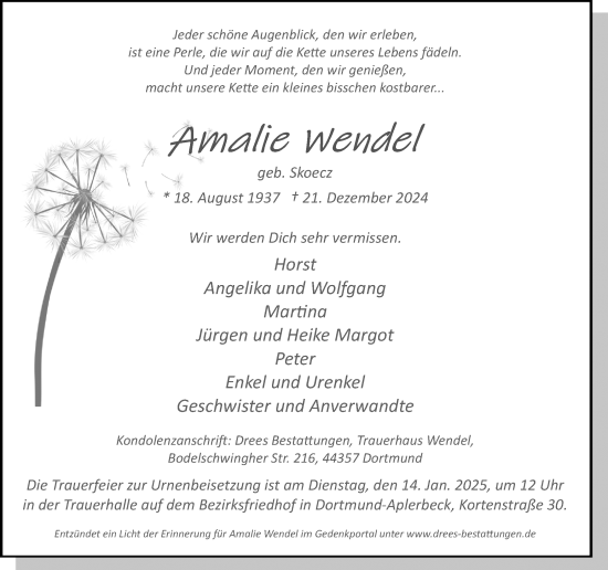 Traueranzeige von Amalie Wendel von Ruhr Nachrichten