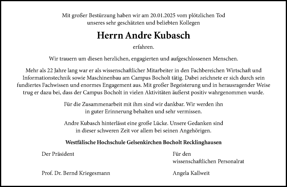  Traueranzeige für Andre Kubasch vom 27.01.2025 aus 