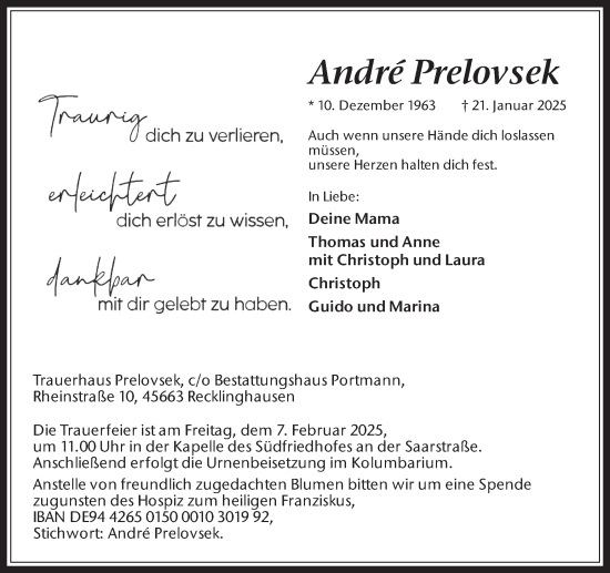 Traueranzeige von Andre Prelovsek von Trauer Vest