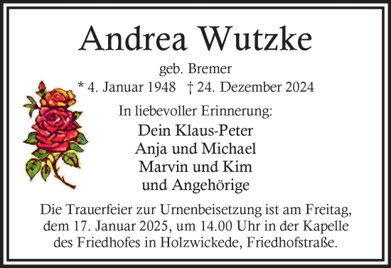 Traueranzeige von Andrea Wutzke von Hellweger Anzeiger