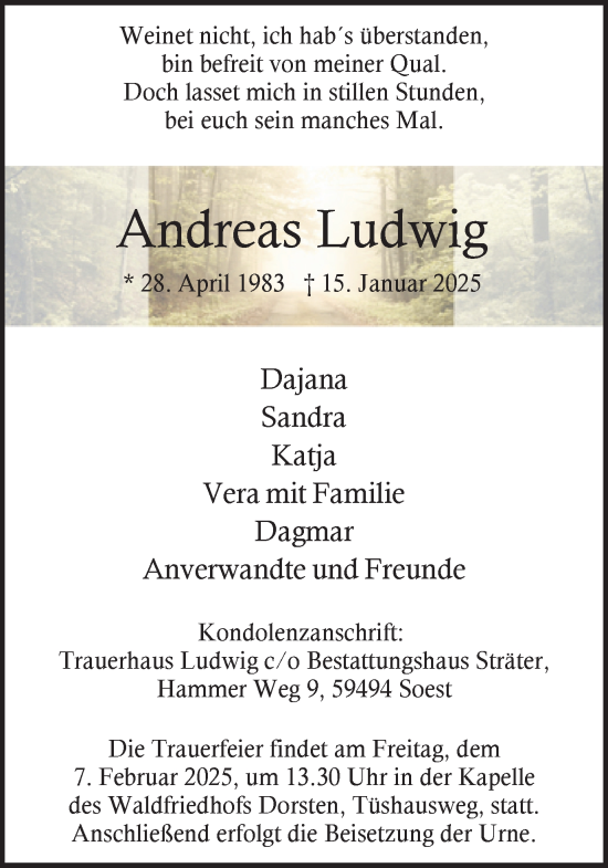 Traueranzeige von Andreas Ludwig von Ruhr Nachrichten und Dorstener Zeitung