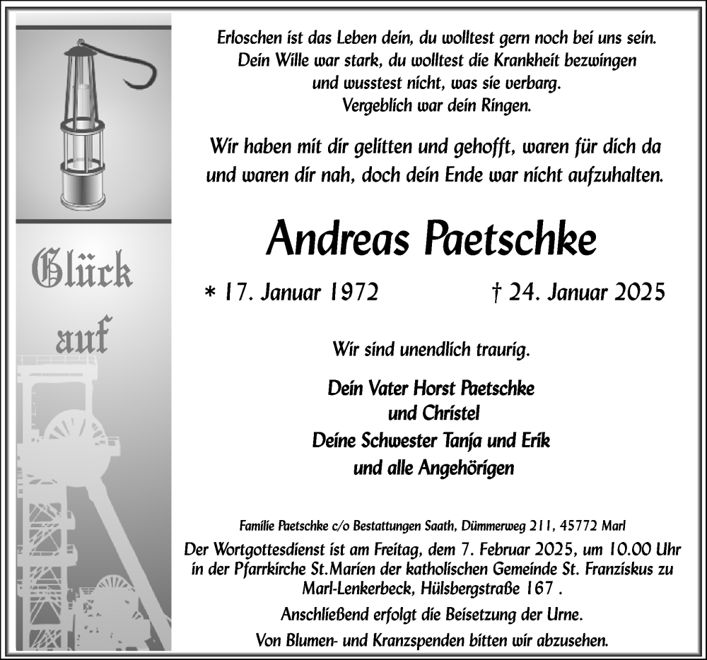  Traueranzeige für Andreas Paetschke vom 01.02.2025 aus Trauer Vest