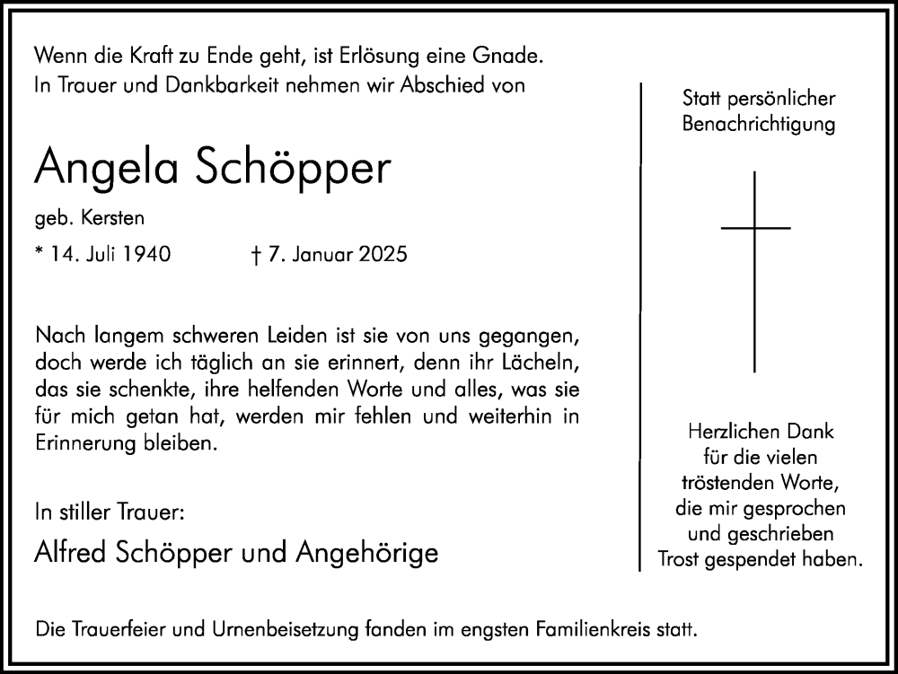  Traueranzeige für Angela Schöpper vom 25.01.2025 aus Hellweger Anzeiger