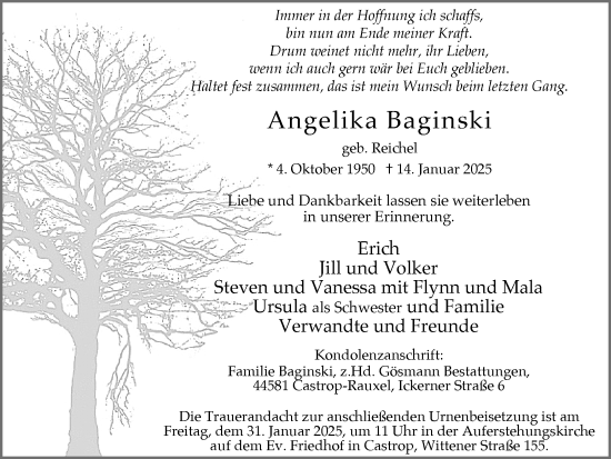 Traueranzeige von Angelika Baginski von Stadtanzeiger Castrop-Rauxel