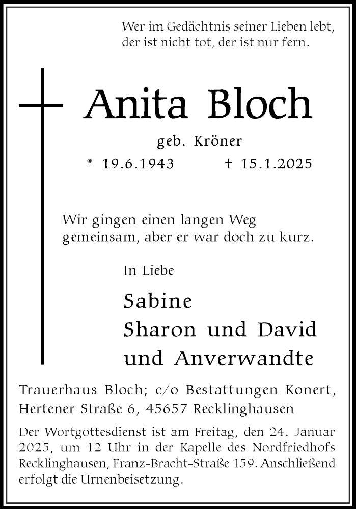  Traueranzeige für Anita Bloch vom 18.01.2025 aus Trauer Vest