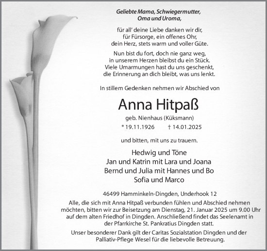 Traueranzeige von Anna Hitpaß 