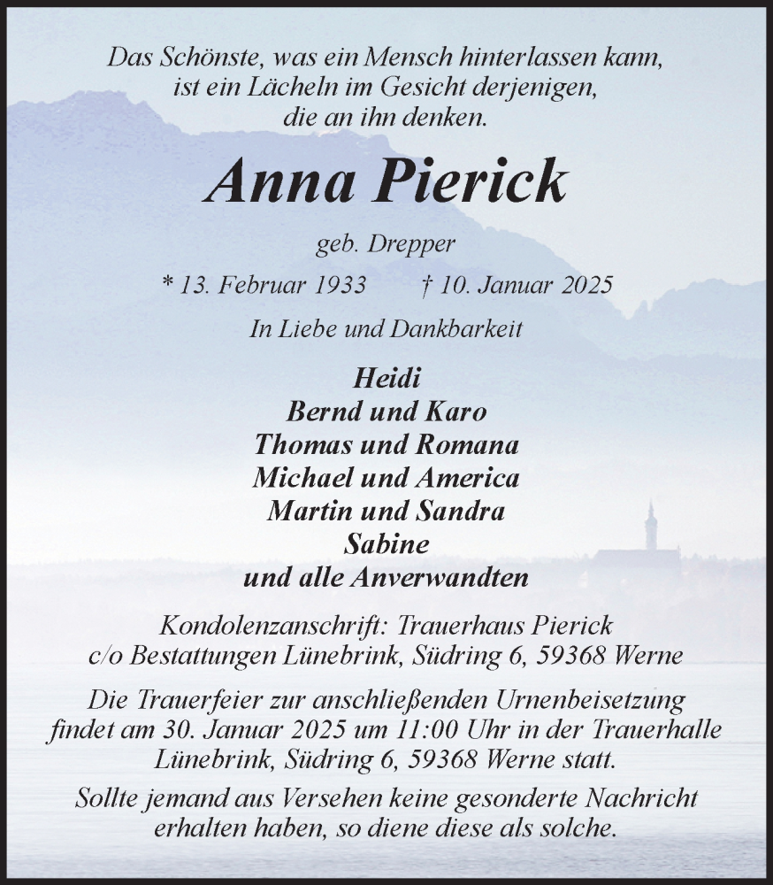  Traueranzeige für Anna Pierick vom 18.01.2025 aus Ruhr Nachrichten