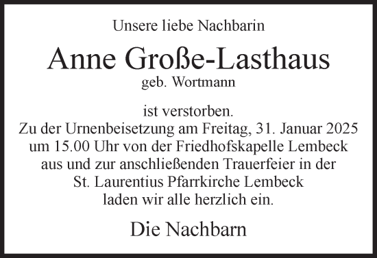 Traueranzeige von Anne Große-Lasthaus von Ruhr Nachrichten und Dorstener Zeitung