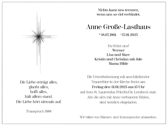 Traueranzeige von Anne Große-Lasthaus von Ruhr Nachrichten und Dorstener Zeitung