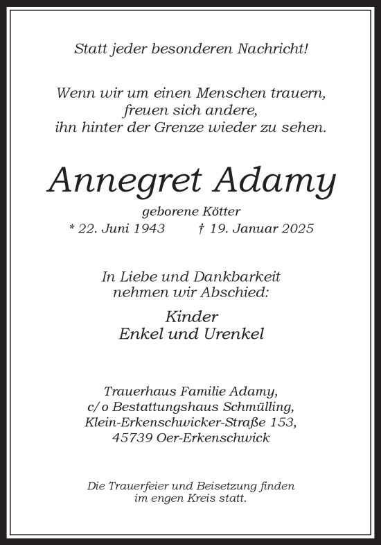 Traueranzeige von Annegret Adamy von Trauer Vest