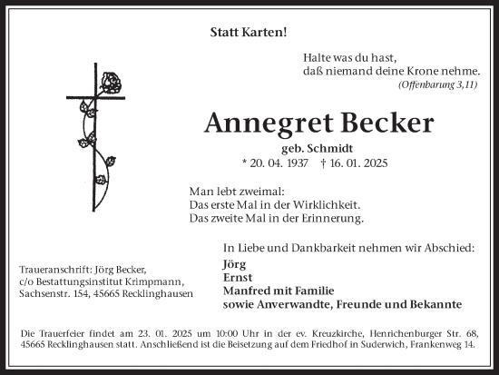 Traueranzeige von Annegret Becker von Trauer Vest