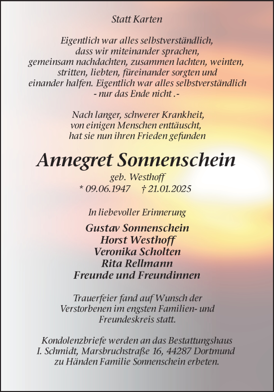 Traueranzeige von Annegret Sonnenschein von Ruhr Nachrichten