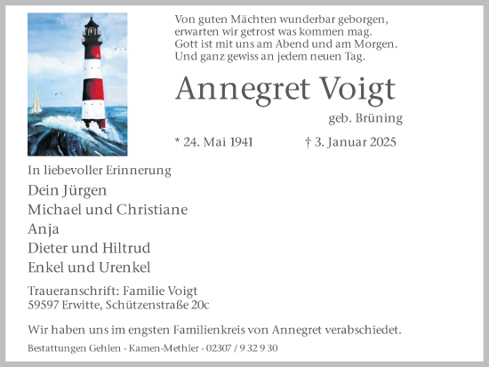 Traueranzeige von Annegret Voigt von Hellweger Anzeiger