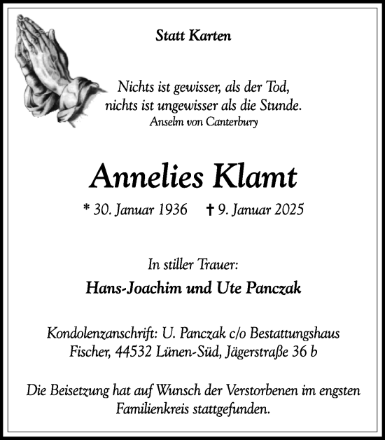 Traueranzeige von Annelies Klamt von Lüner Anzeiger