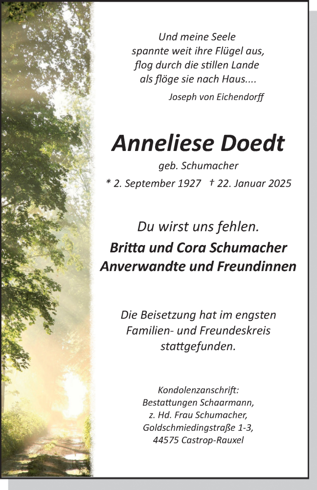  Traueranzeige für Anneliese Doedt vom 01.02.2025 aus Stadtanzeiger Castrop-Rauxel