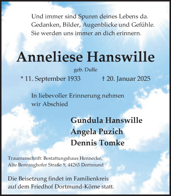 Traueranzeige von Anneliese Hanswille von Ruhr Nachrichten