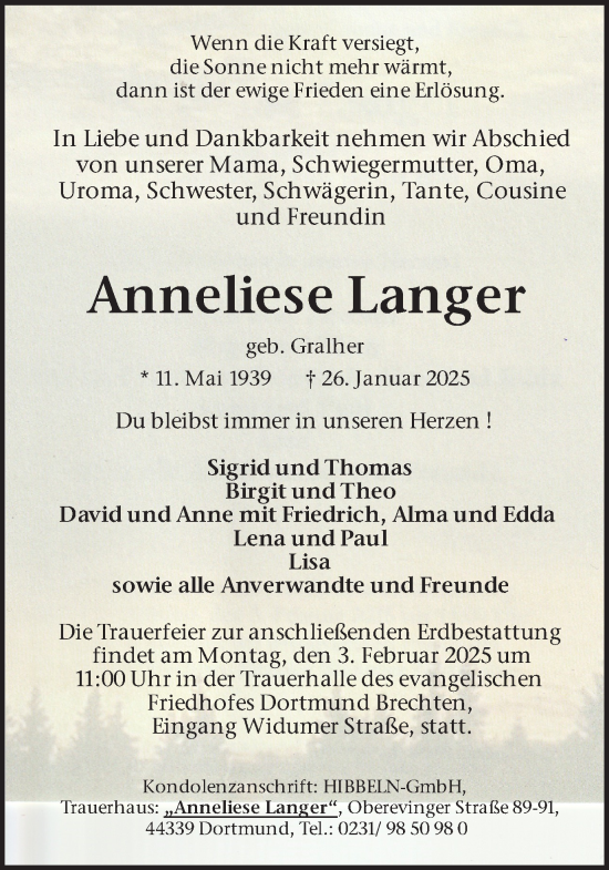 Traueranzeige von Anneliese Langer von Ruhr Nachrichten