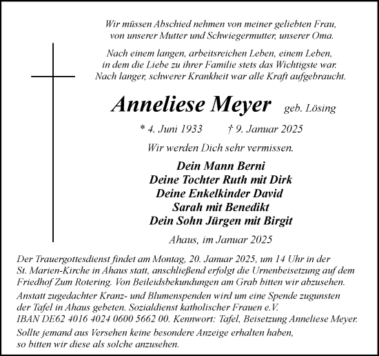 Traueranzeige von Anneliese Meyer von Münsterland Zeitung