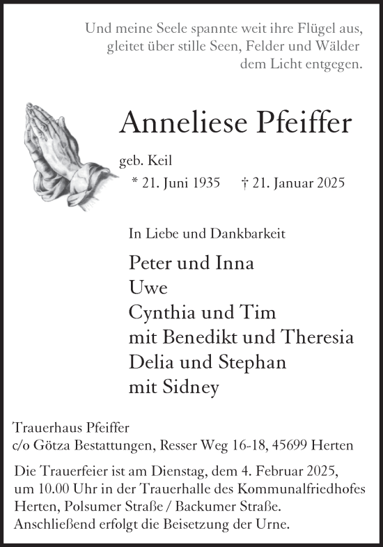 Traueranzeige von Anneliese Pfeiffer von Trauer Vest