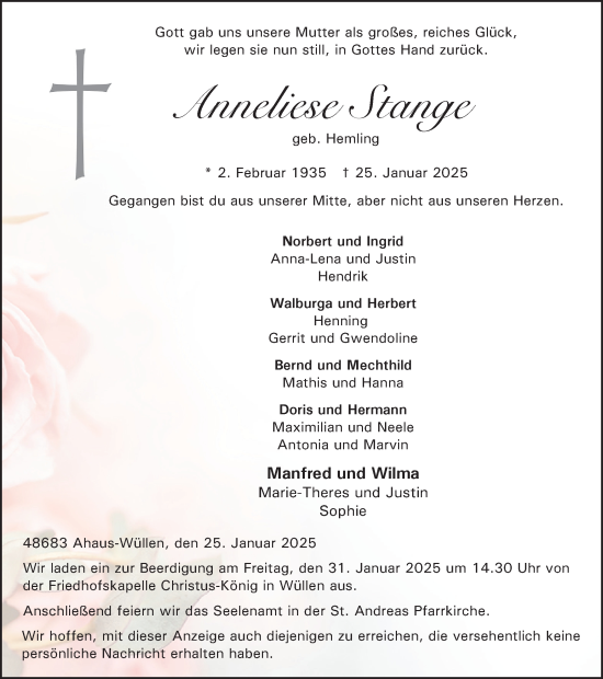 Traueranzeige von Anneliese Stange von Münsterland Zeitung