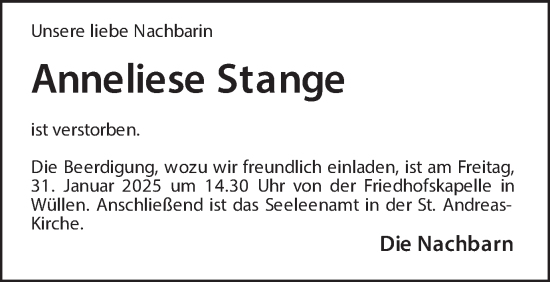 Traueranzeige von Anneliese Stange von Münsterland Zeitung