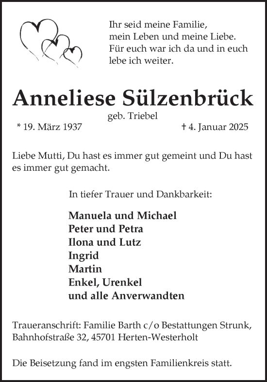Traueranzeige von Anneliese Sülzenbrück von Trauer Vest