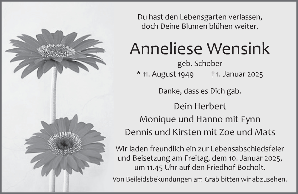  Traueranzeige für Anneliese Wensink vom 07.01.2025 aus 