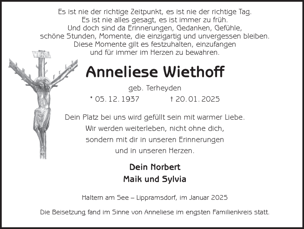  Traueranzeige für Anneliese Wiethoff vom 29.01.2025 aus Ruhr Nachrichten und Halterner Zeitung