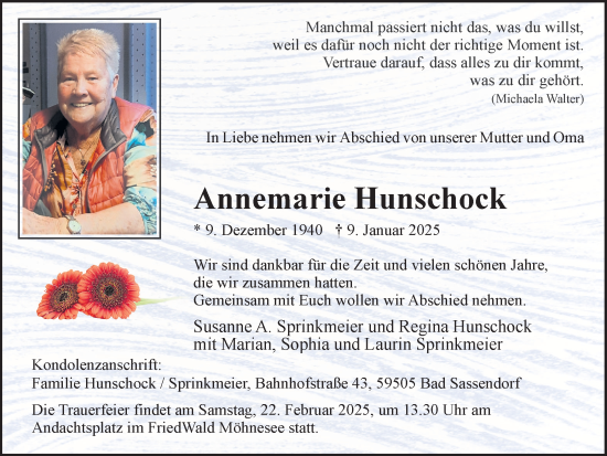 Traueranzeige von Annemarie Hunschock von Hellweger Anzeiger