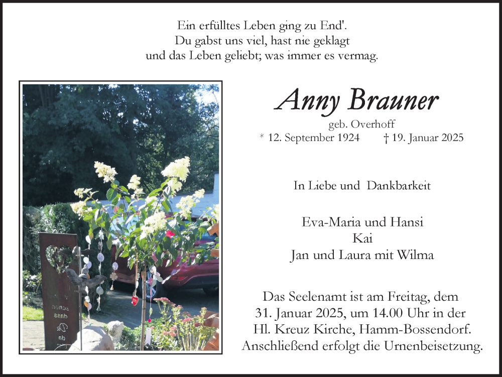  Traueranzeige für Anny Brauner vom 25.01.2025 aus Ruhr Nachrichten und Halterner Zeitung