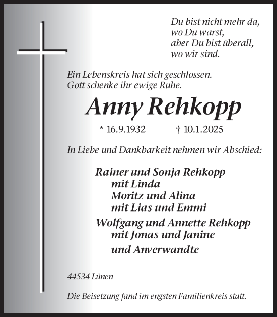Traueranzeige von Anny Rehkopp von Lüner Anzeiger