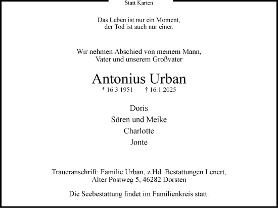 Traueranzeige von Antonius Urban von Ruhr Nachrichten und Dorstener Zeitung